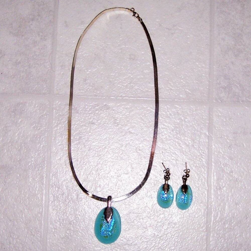 Dichroic Glass Turquoise Pendant and Earrings Set Sterling Silver - Picture 2 of 2